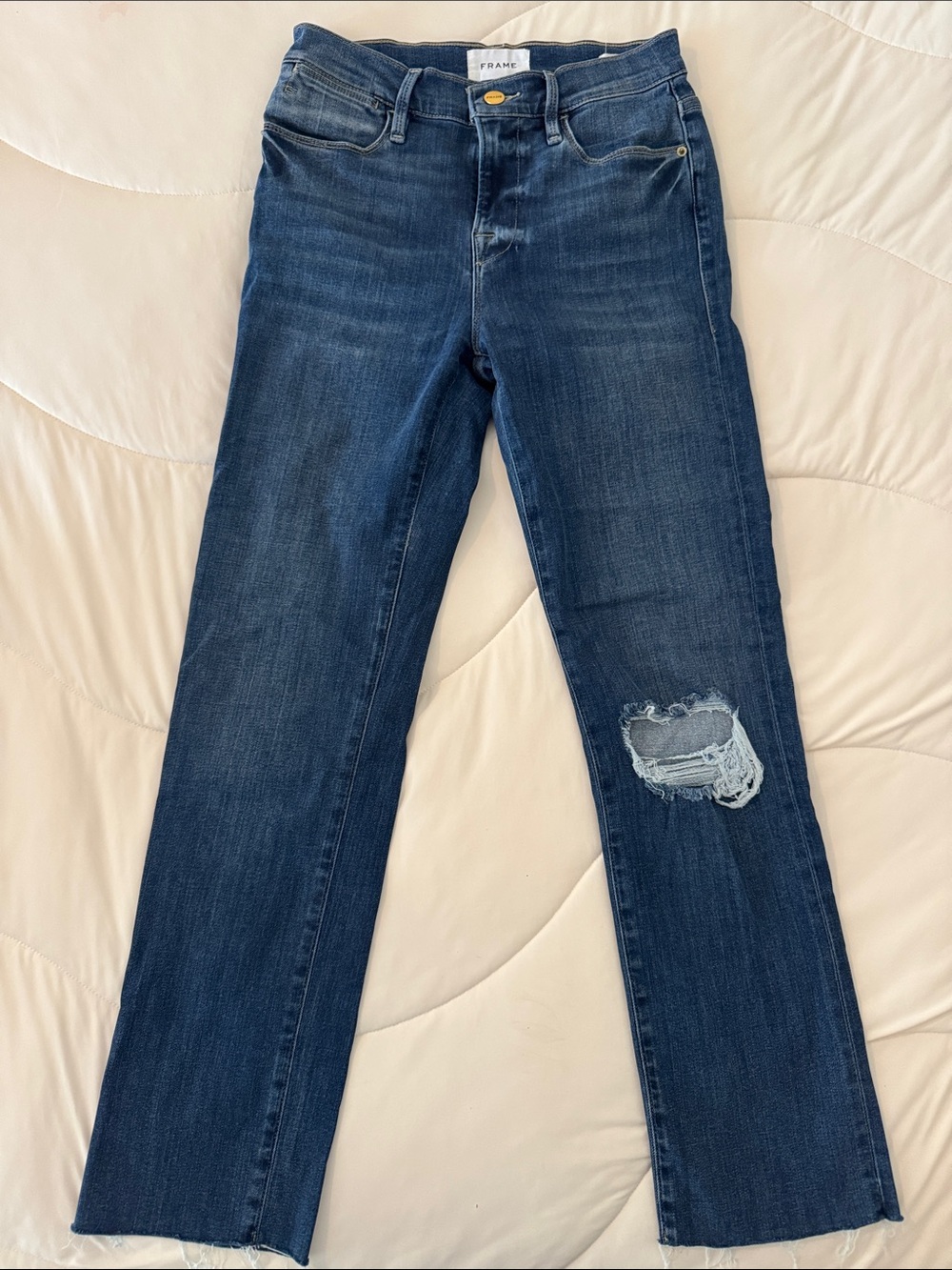 Frame Le High Straight Leg Jeans in Dark Indigo with Distressed Knee